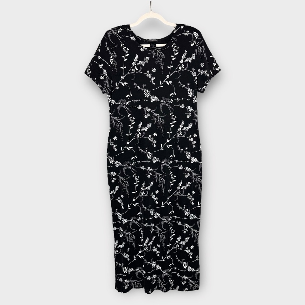 Vintage Black & White Floral Sheath Maxi Dress 12P Petite Short Sleeve Chic